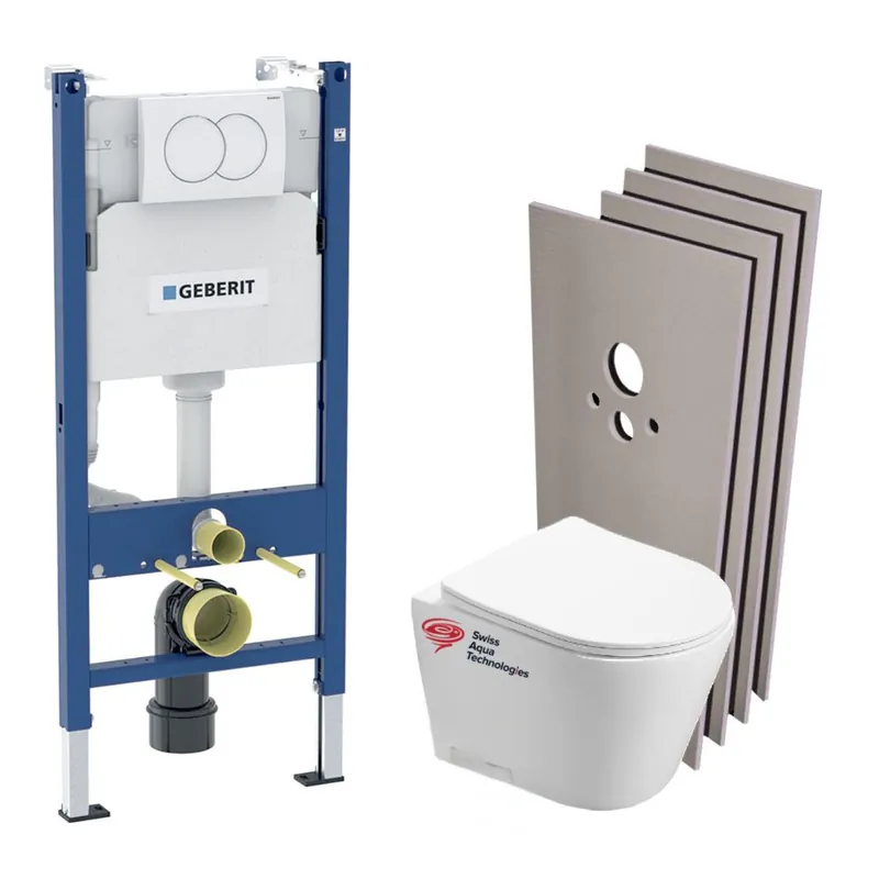 Pack WC Bati-support Geberit + WC Swiss Aqua Technologies Infinitio sans bride + Plaque blanche + Set habillage (InfinitioGeb3-s