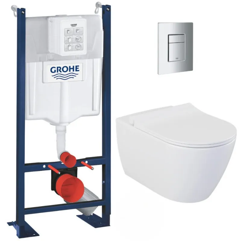 Pack WC Bâti-autoportant Rapid SL + WC sans bride Bello avec fixations invisibles + Abattant softclose + Plaque chrome mat