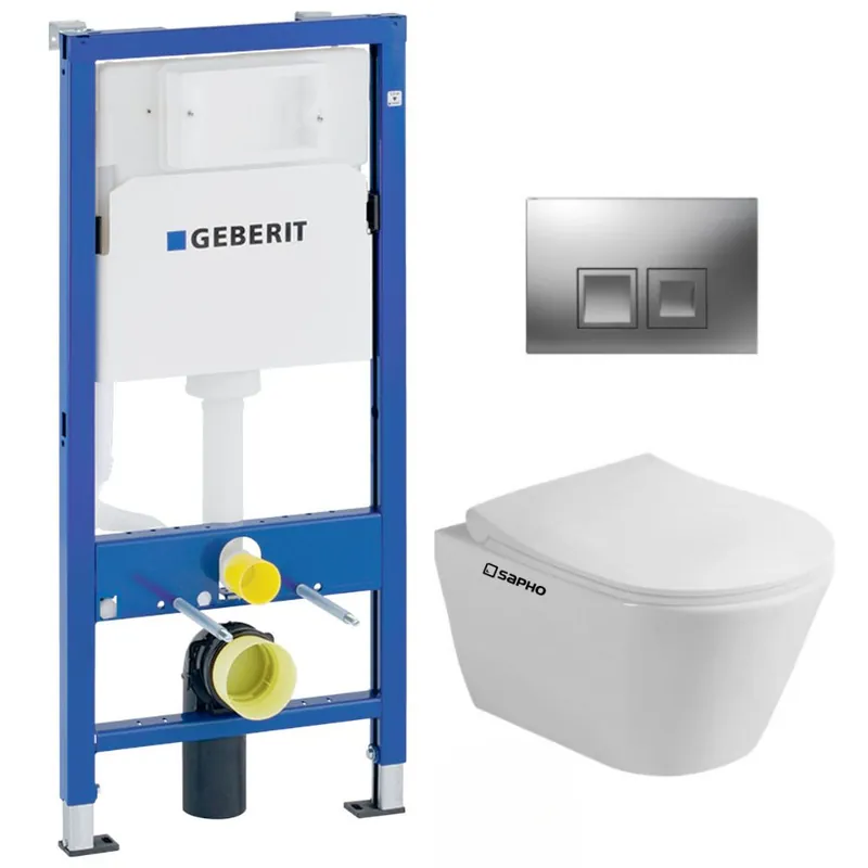 Pack WC Bati-support Geberit Duofix UP100 + WC sans bride Lucco Avva avec fixations invisibles + Abattant softclose + Plaque