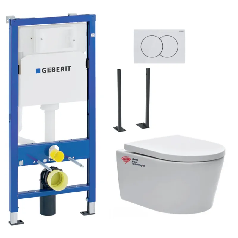 Pack WC bâti-support Geberit + WC sans bride Swiss Aqua Technologies + abattant SoftClose + plaque blanche (SATrimlessGebATP-1)