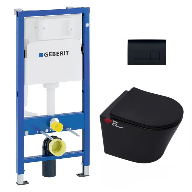 Pack WC bati-support Geberit Duofix + WC sans bride Swiss Aqua Technologies + abattant SoftClose0 + plaque Noire (BLINFIGEB7SP)