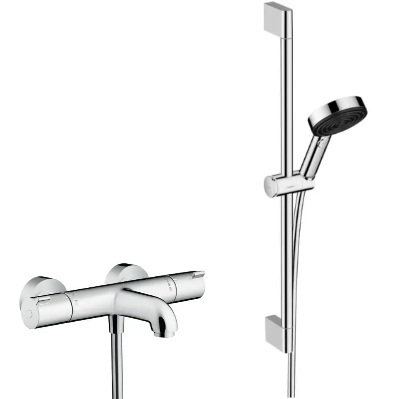 Ecostat Set Mitigeur Thermostatique bain/douche + Douchette à main XXL 105mm 3 jets, flexible douche 160cm, barre 65cm