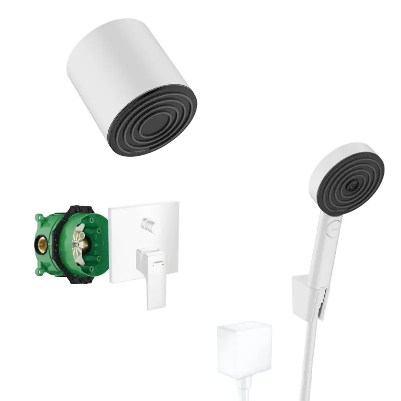 Metropol Set de douche encastré avec set de finition + Douche de tête orientable XXL 105mm + Douchette 3 jets, Blanc mat