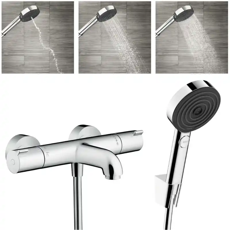 Ecostat Set Mitigeur Thermostatique bain/douche + Douchette à main 105mm 3 jets + Flexible douche 160cm + Support mural, Chrome