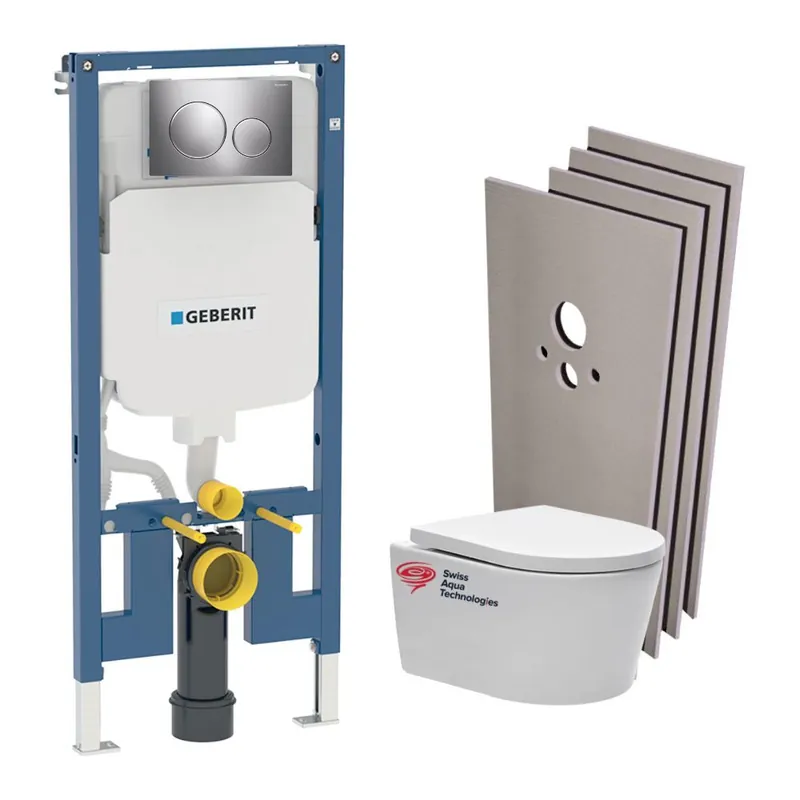 Pack WC Bati-support + WC Swiss Aqua Technologies sans bride + Abattant + Plaque + Set d‘habillage (SLIM-SATrimless-F-sabo)