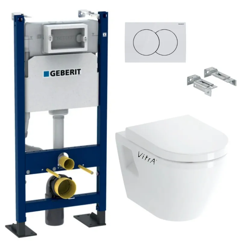 Pack Autoportant Bati-support Geberit Duofix + WC suspendu Vitra Integra avec Abattant + Plaque blanche ( Vitra IntegraClassicGe