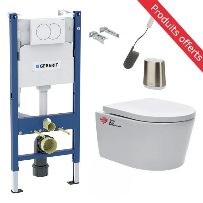 Pack WC Bati-support Geberit Duofix + WC sans bride SAT + Abattant softclose + Plaque blanche + Brosse de toilette OFFERTE