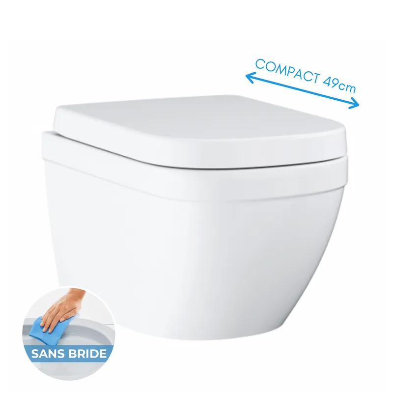 Euro ceramic WC suspendu compact sans bride avec abattant frein de chute (Eurocompact-lm)