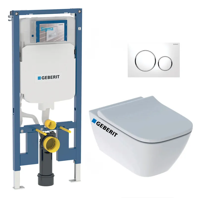 Pack WC Bati-support Geberit Duofix extra-plat + WC sans bride Geberit Smyle + Abattant softclose + Plaque blanche
