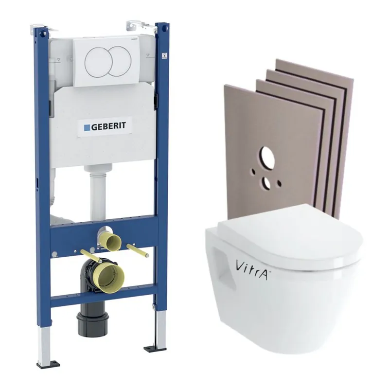 Pack WC Bati-support Geberit Duofix + WC suspendu Vitra Integra + Abattant en Duroplast + Plaque blanche + Set d‘habillage