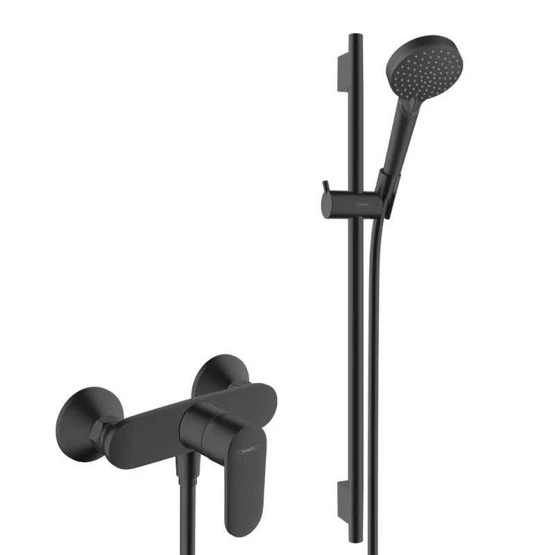 Vernis Blend Set de douche avec mitigeur + Douchette à main 2 jets + Barre de douche 65 cm, Noir mat (71640670-Vernis)