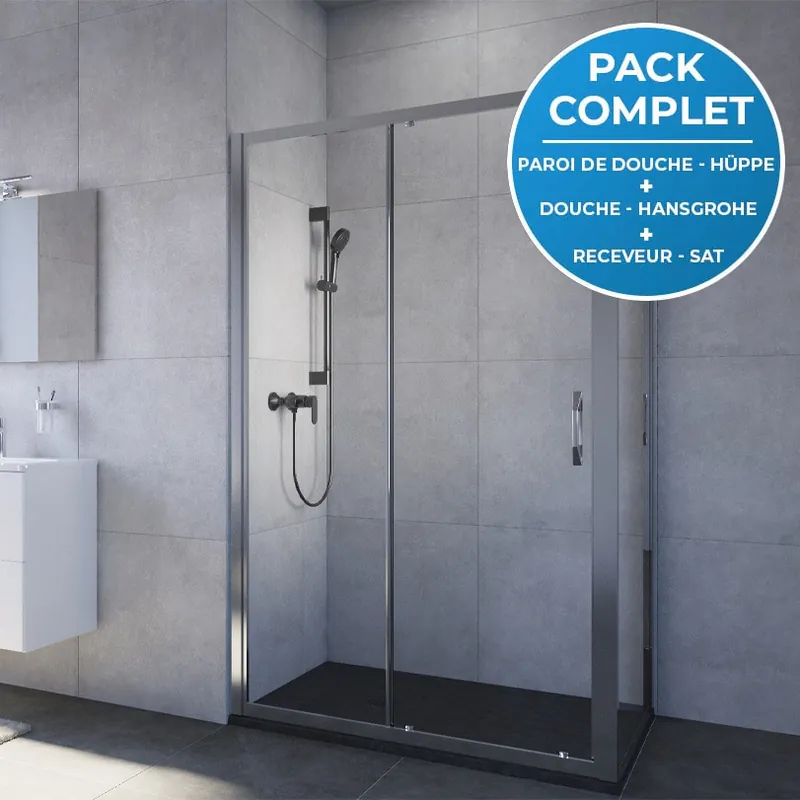 Pack douche Porte coulissante 120cm + Paroi latérale 80cm + Set de douche avec mitigeur Hansgrohe + Receveur 120x80cm Noir