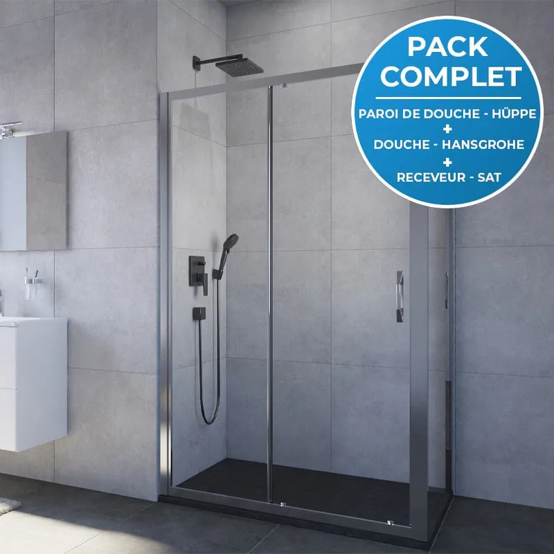 Pack douche Porte coulissante 120cm + Paroi latérale 80cm + Set de douche tout en 1 + Receveur 120x80cm Noir
