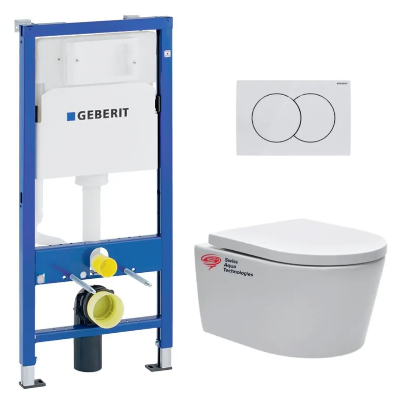 Pack WC Bati-support Geberit Duofix + WC sans bride SAT + Abattant softclose + Plaque blanche (SATrimlessGeb1-A)