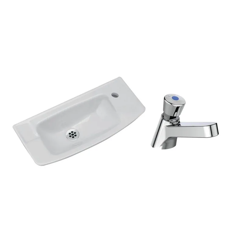 Ulysse Lave-mains autoportant en porcelaine vitrifiée, Blanc + Mitigeur temporisé Olyos Tempo sur plage, Chrome (R033367)