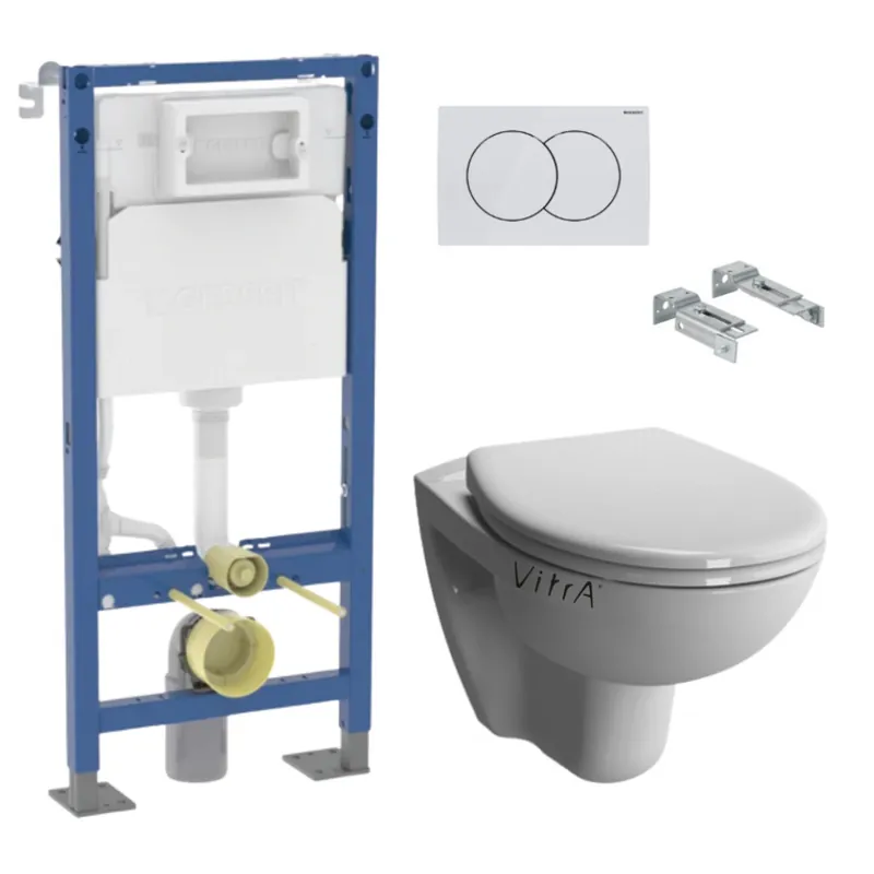 Pack Bati-support Geberit Autoportant Duofix + WC sans bride Vitra Normus Spin+ Abattant softclose + Plaque blanche (Normus