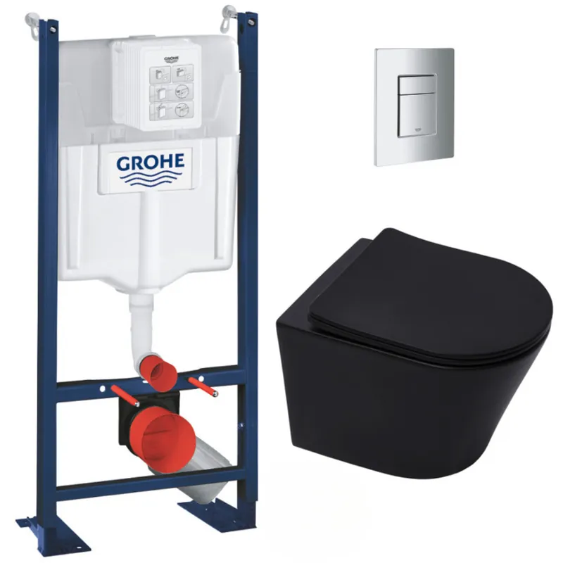 Pack WC Bâti autoportant + WC sans bride SAT Infinitio Noir mat + Abattant softclose + Plaque chrome mat
