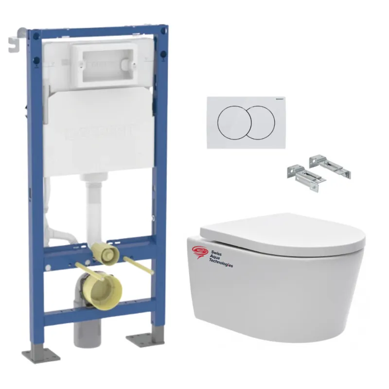 Pack Bati Autoportant Geberit + WC sans bride Swiss Aqua Technologies + plaque (SATGEBXBPNEW)