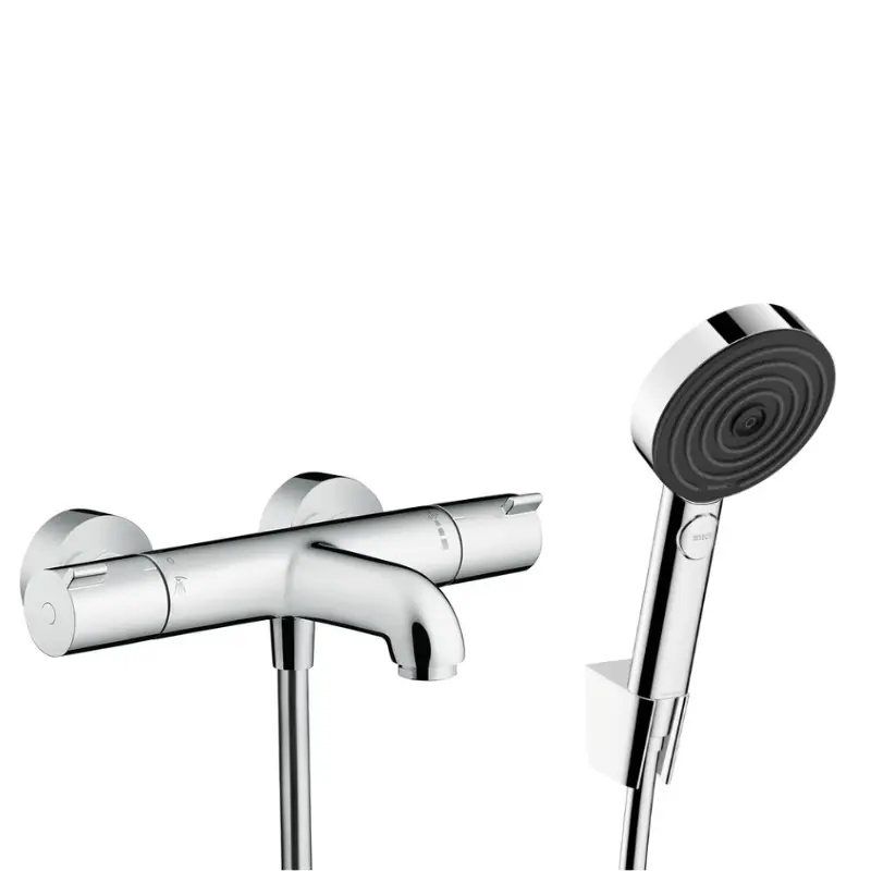 Ecostat Set Mitigeur Thermostatique bain/douche + Douchette à main 105mm 3 jets + Flexible douche 160cm + Support mural, Chrome