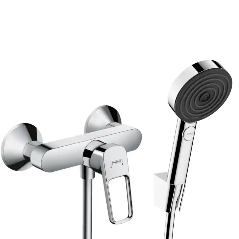 Logis Loop Set Mitigeur de douche + Douchette à main XXL 105mm 3 jets + Flexible de douche 125cm, support mural