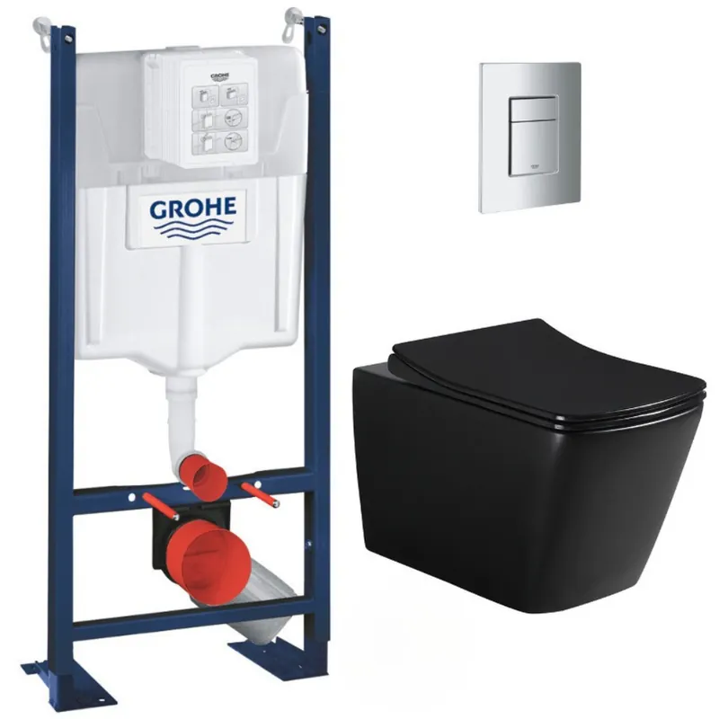 Pack WC Bâti autoportant + WC sans bride SAT Infinitio Noir mat Design + Abattant softclose + Plaque chrome mat