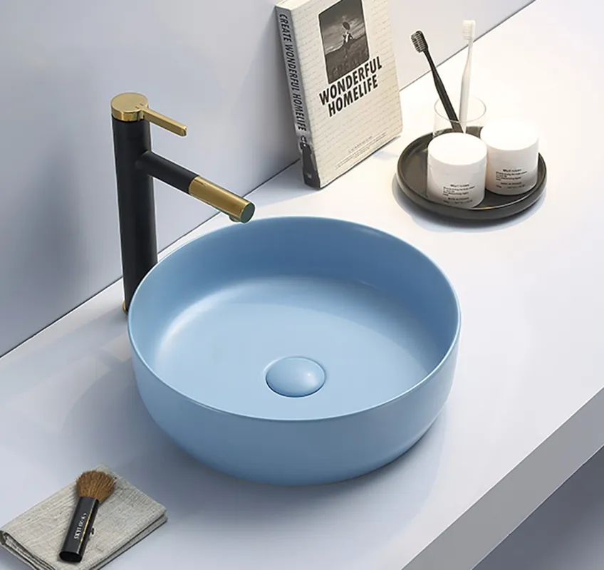 Set vasque à poser 39x39x12cm sans trop-plein + bonde à écoulement libre Infinitio bleu mat SetSATINF-bleu