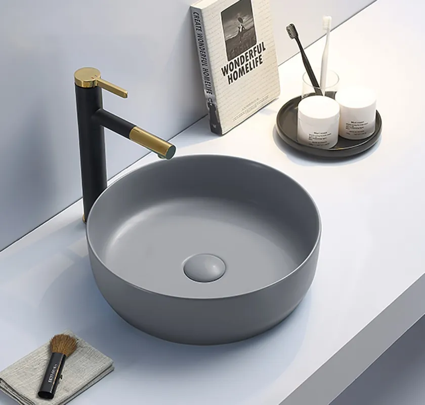 Set vasque à poser 39x39x12cm sans trop-plein, bonde à écoulement libre Infinitio gris mat SetSATINF-gris