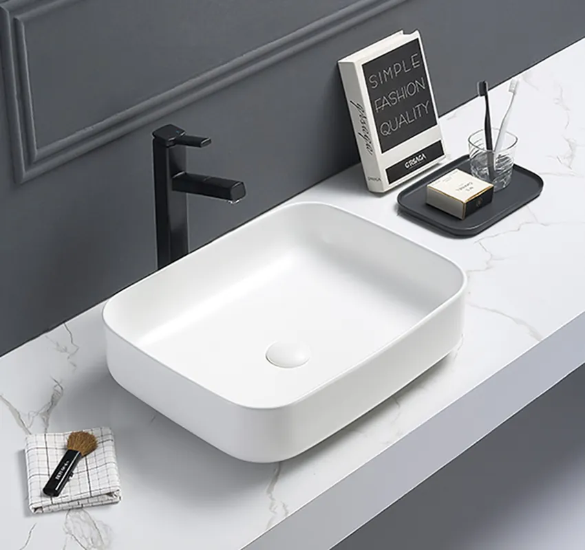 Set vasque à poser rectangulaire 50x39x13cm sans trop-plein + bonde à écoulement libre Infinitio blanc