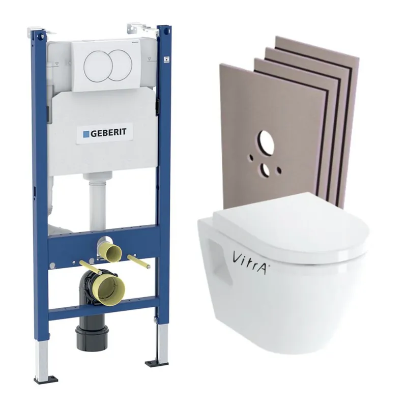 Pack WC Bati-support Geberit Duofix + WC suspendu Vitra Integra + Abattant en Duroplast + Plaque blanche + Set d‘habillage