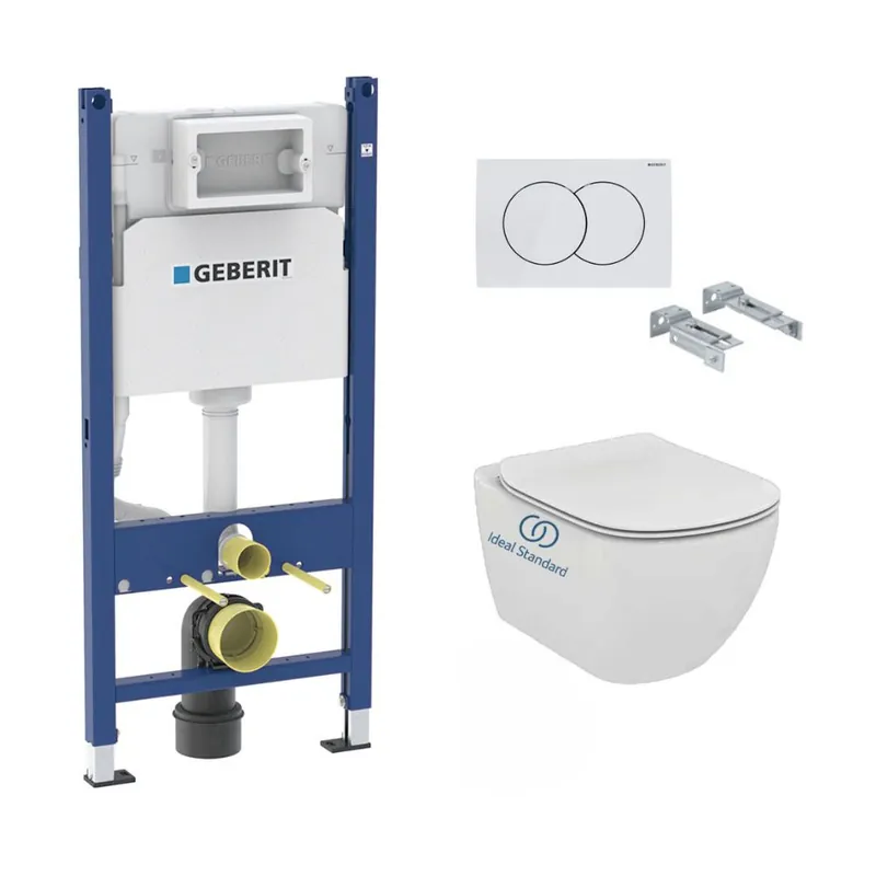 Pack WC Bati-support Geberit Duofix + Cuvette Ideal Standard Tesi Aquablade + Plaque blanche (TesiGeb3-RT)