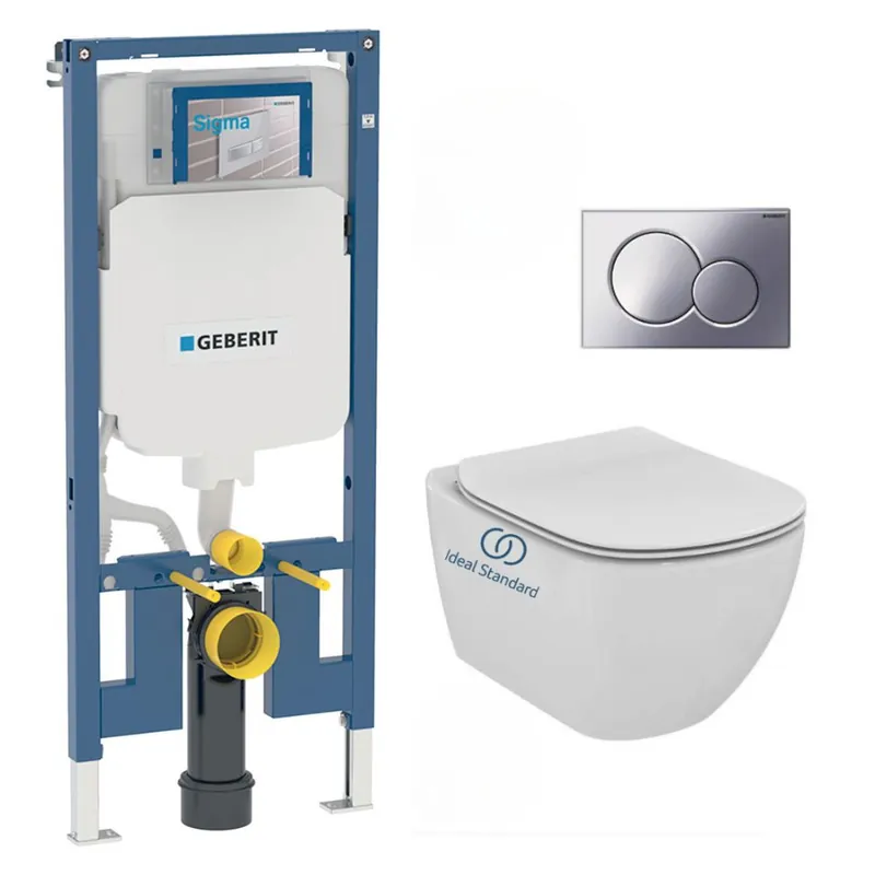 Pack WC Bati-support Geberit extra-plat UP720 + WC Ideal Standard Tesi Aquablade + Abattant softclose + Plaque Chrome