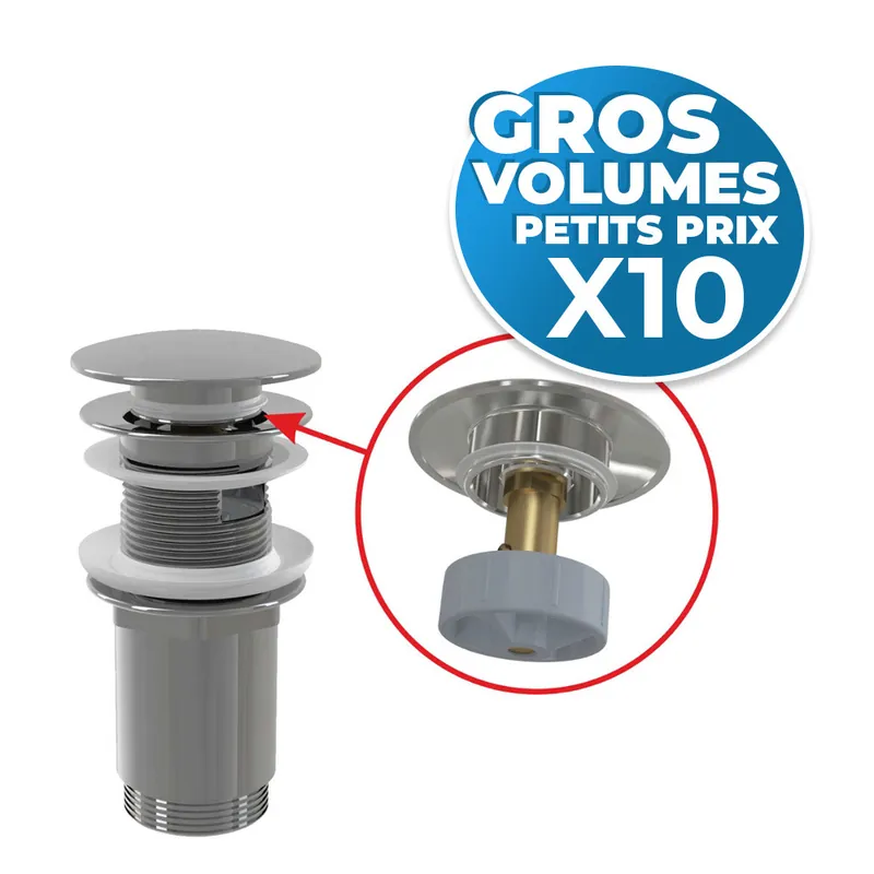 lot de 10 bondes Clic-clac raccord 5/4", pour lavabo avec trop-plein, laiton chromé (A392C-GVP10)