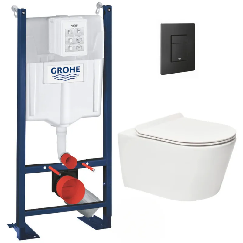 Pack WC Rapid SL autoportant + WC sans bride SAT Brevis + Abattant ultra-fin softclose + Plaque noir mat