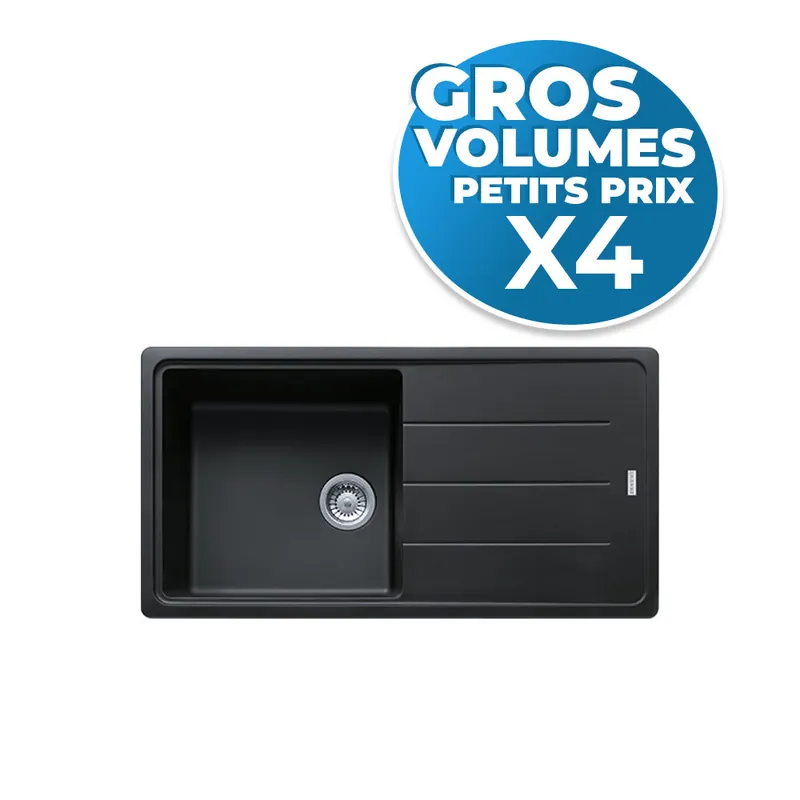 lot de 4 Basis BFG 611-97 Evier 97x50cm avec égouttoir réversible, Fragranit +, Onyx (BFG611-97ON-GVP04)