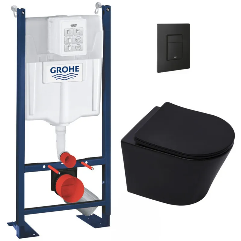 Pack WC Bâti-support Rapid SL + WC Infinitio sans bride noir mat + Abattant softclose + Plaque noire mat