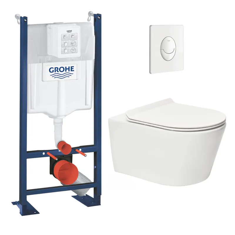 Pack WC Rapid SL autoportant + WC sans bride SAT Brevis + Abattant ultra-fin SoftClose + Plaque blanche (ProjectBrevis-3-SP)