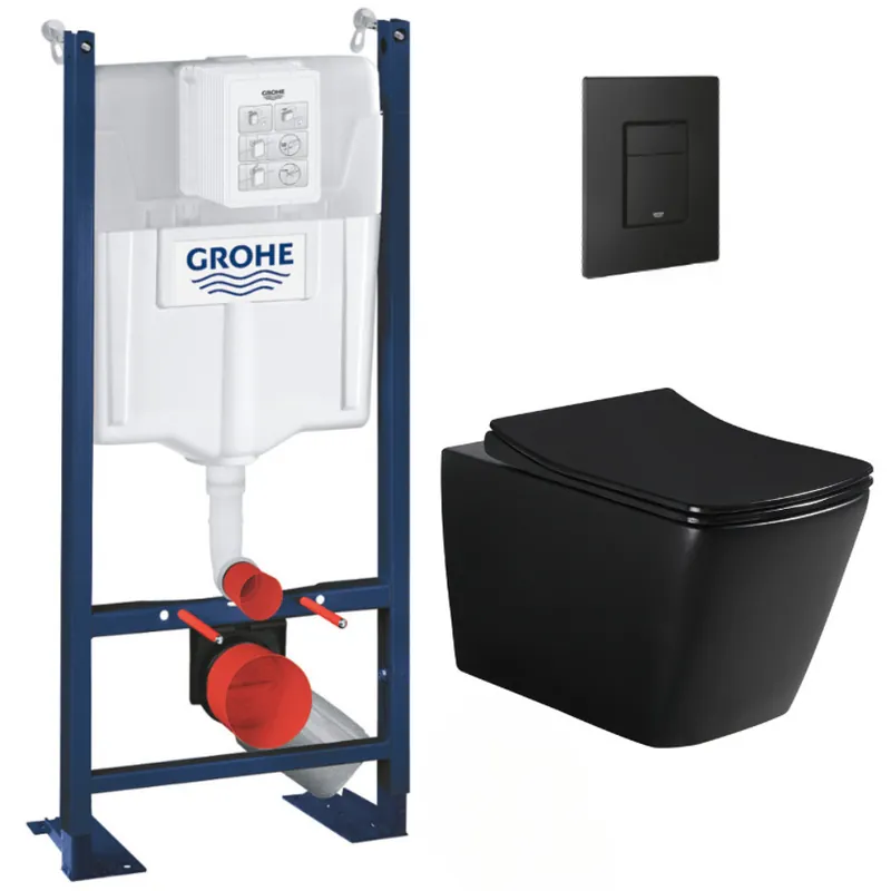 Pack WC Bâti-support Rapid SL + WC sans bride Infinitio Design, Noir mat + Abattant softclose + Plaque Noire mat