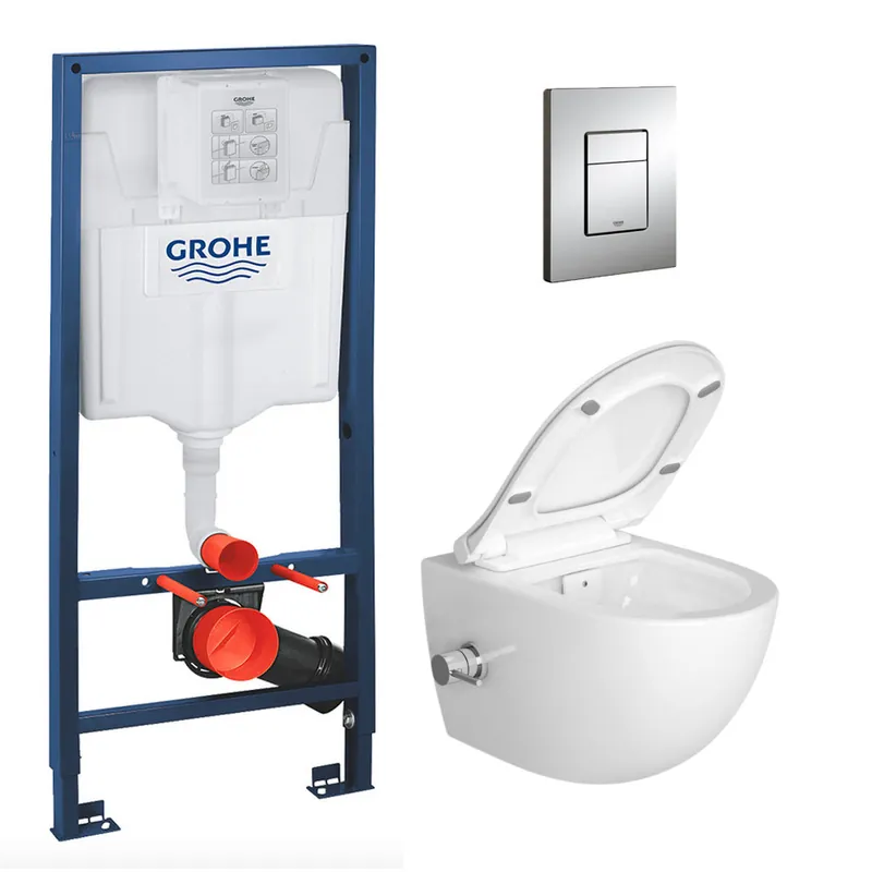 Pack WC Bâti-support Rapid SL + WC sans bride avec fonction bidet thermostatique + Plaque chrome