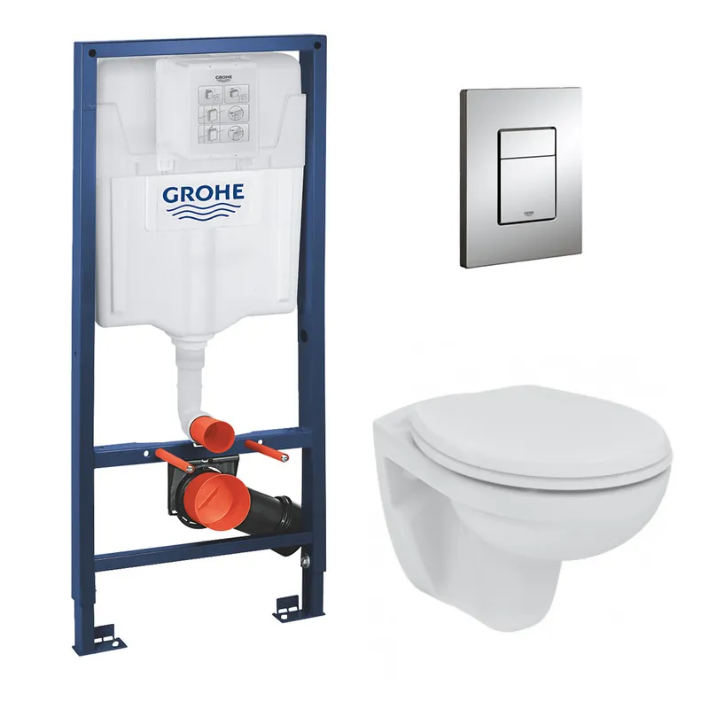 Pack WC Rapid SL + cuvette suspendue sans bride Porcher + plaque Grohe Skate Cosmopolitan chrome
