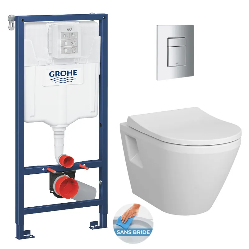 Pack WC Bâti Rapid SL + WC sans bride Integra + Abattant softclose + Plaque chrome
