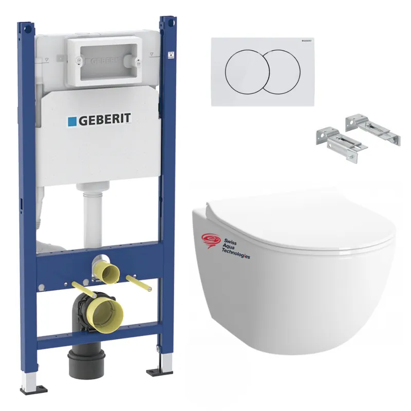 Pack WC bati-support Geberit + WC sans bride Swiss Aqua Technologies + plaque (INFINITIO2GEB3)