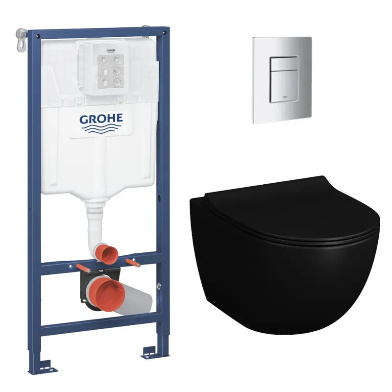 Pack WC Bâti-support Rapid SL + WC SAT Infinitio 2.0, Noir mat + Abattant frein de chute + Plaque Chrome