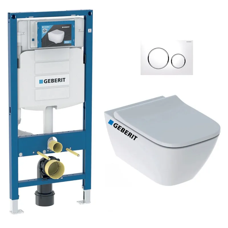 Pack WC Bati Geberit Duofix + Cuvette WC suspendu Square Rimfree + Plaque de commande Sigma20 Blanc chrome (GebSmyle-C)