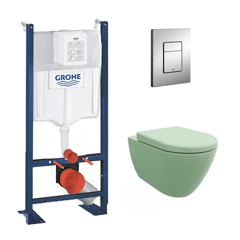 Pack WC Rapid SL autoportant + cuvette Bello vert menthe sans bride + plaque chrome (ProjectGreenBello-1)