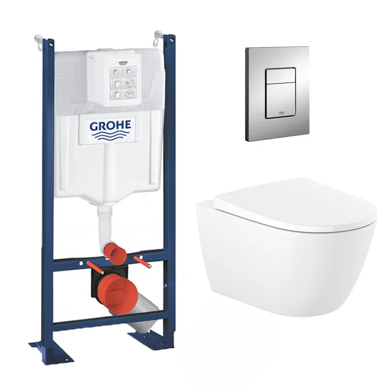 Pack WC autoportant avec cuvette Roca sans bride et fixations invisibles + abattant Soft Close + Plaque chrome (ProjectOna-1)