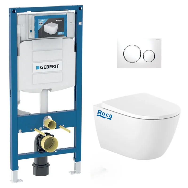 Pack WC Bati Geberit Duofix UP320 + cuvette Roca sans bride + abattant Soft Close + Plaque de commande Blanche (GebOna-C)