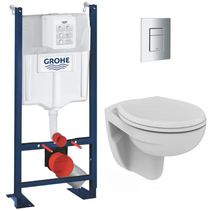 Pack WC Bâti autoportant avec Cuvette Porcher rimless + Abattant + Plaque chrome (ProjectPorcher-1)