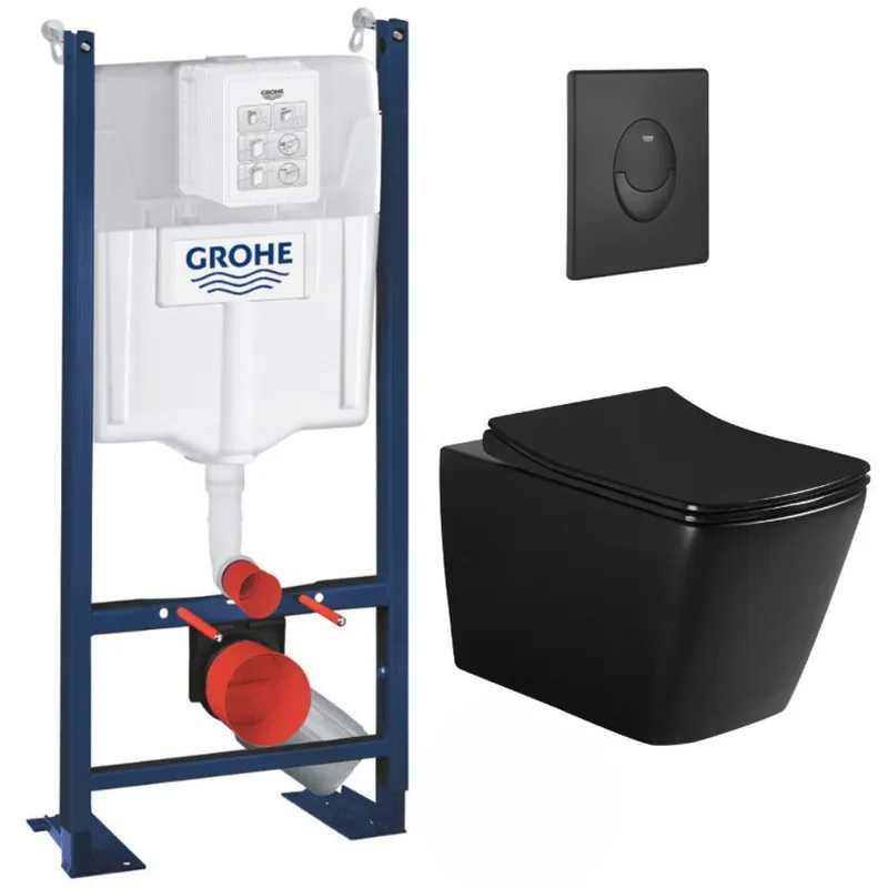 Pack WC Bâti-support Rapid SL + WC sans bride Infinitio Design, Noir mat + Abattant softclose + Plaque Noire mat