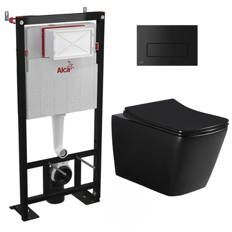 Pack WC Bâti autoportant + WC sans bride Infinitio Design, Noir mat + Abattant softclose + Plaque Noire mat
