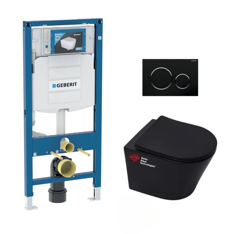 Pack WC Bati Geberit + WC suspendu Swiss Aqua Technologies sans bride + abattant SoftClose + plaque noire (GebBlack